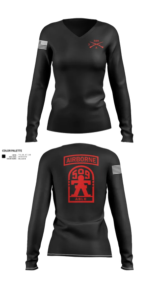 Womens Long Sleeve Vneck Shirt, 3-509th Parachute Infantry BN Able Nation, , Teamtime, Team time, sublimation, custom sports apparel, team uniforms, spirit wear, spiritwear, sports uniforms, custom shirts, team store, custom team store, fundraiser sports, apparel fundraiser