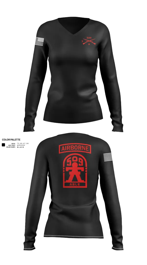 Womens Long Sleeve Vneck Shirt, 3-509th Parachute Infantry BN Able Nation, , Teamtime, Team time, sublimation, custom sports apparel, team uniforms, spirit wear, spiritwear, sports uniforms, custom shirts, team store, custom team store, fundraiser sports, apparel fundraiser