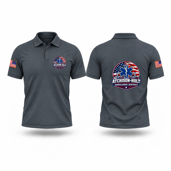 Short Sleeve Performance Polo, Atchison Holt Ambulance District, EMS/EMT, Teamtime, Team time, sublimation, custom sports apparel, team uniforms, spirit wear, spiritwear, sports uniforms, custom shirts, team store, custom team store, fundraiser sports, apparel fundraiser