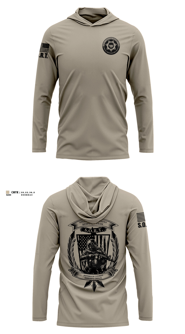 Long Sleeve hooded sunshirt, Jefferson County Sheriff's Office S.O.R.T., Police, Teamtime, Team time, sublimation, custom sports apparel, team uniforms, spirit wear, spiritwear, sports uniforms, custom shirts, team store, custom team store, fundraiser sports, apparel fundraiser