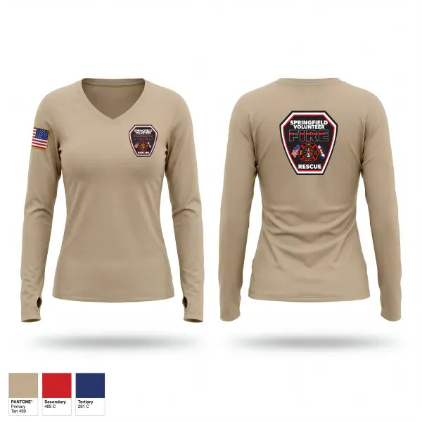 Womens Long Sleeve Vneck Shirt, Springfield Volunteer Fire Dept., Fire Department, Teamtime, Team time, sublimation, custom sports apparel, team uniforms, spirit wear, spiritwear, sports uniforms, custom shirts, team store, custom team store, fundraiser sports, apparel fundraiser