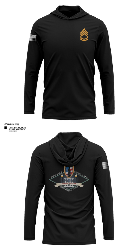 Long Sleeve Performance Shirt with hood, Personnel and Organizational Readiness Battalion, National Guard, Teamtime, Team time, sublimation, custom sports apparel, team uniforms, spirit wear, spiritwear, sports uniforms, custom shirts, team store, custom team store, fundraiser sports, apparel fundraiser