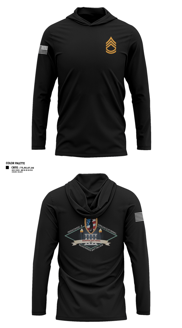 Long Sleeve Performance Shirt with hood, Personnel and Organizational Readiness Battalion, National Guard, Teamtime, Team time, sublimation, custom sports apparel, team uniforms, spirit wear, spiritwear, sports uniforms, custom shirts, team store, custom team store, fundraiser sports, apparel fundraiser