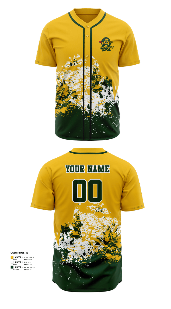 Full Button Baseball Jersey, Jamming Tacos, Baseball, Teamtime, Team time, sublimation, custom sports apparel, team uniforms, spirit wear, spiritwear, sports uniforms, custom shirts, team store, custom team store, fundraiser sports, apparel fundraiser