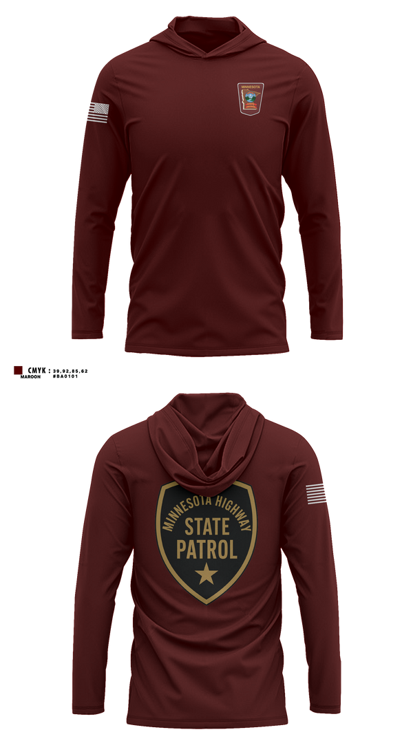 Long Sleeve Performance Shirt with hood, Minnesota State Patrol, Police, Teamtime, Team time, sublimation, custom sports apparel, team uniforms, spirit wear, spiritwear, sports uniforms, custom shirts, team store, custom team store, fundraiser sports, apparel fundraiser