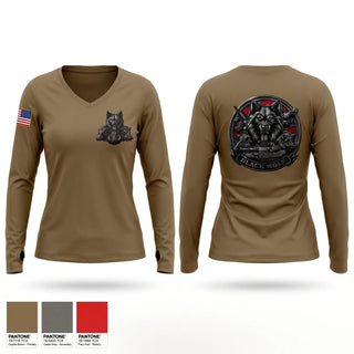 Womens Long Sleeve Vneck Shirt, Black Wolf Company, 3-67 AR, Army, Teamtime, Team time, sublimation, custom sports apparel, team uniforms, spirit wear, spiritwear, sports uniforms, custom shirts, team store, custom team store, fundraiser sports, apparel fundraiser