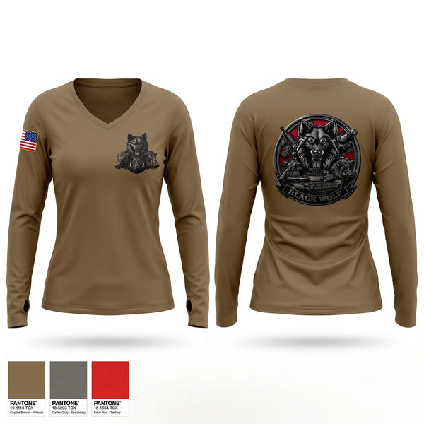 Womens Long Sleeve Vneck Shirt, Black Wolf Company, 3-67 AR, Army, Teamtime, Team time, sublimation, custom sports apparel, team uniforms, spirit wear, spiritwear, sports uniforms, custom shirts, team store, custom team store, fundraiser sports, apparel fundraiser