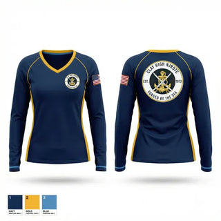 Womens Long Sleeve Vneck Shirt, Clay High NJROTC, Navy, Teamtime, Team time, sublimation, custom sports apparel, team uniforms, spirit wear, spiritwear, sports uniforms, custom shirts, team store, custom team store, fundraiser sports, apparel fundraiser