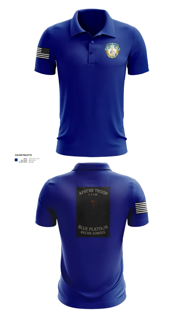 Short Sleeve Performance Polo, 1-7 Cavlary Division Apache Troop Blue Platoon Recon Junkies, Army, Teamtime, Team time, sublimation, custom sports apparel, team uniforms, spirit wear, spiritwear, sports uniforms, custom shirts, team store, custom team store, fundraiser sports, apparel fundraiser