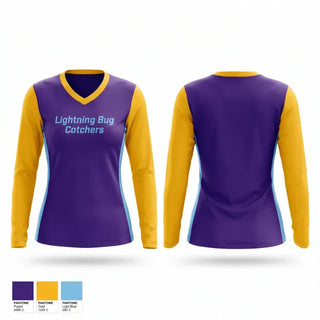 Womens Long Sleeve Vneck Shirt, Lightning Bug Catchers, Softball, Teamtime, Team time, sublimation, custom sports apparel, team uniforms, spirit wear, spiritwear, sports uniforms, custom shirts, team store, custom team store, fundraiser sports, apparel fundraiser