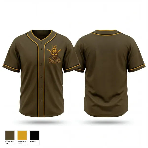 Full Button Baseball Jersey, Los Viejos, Baseball, Teamtime, Team time, sublimation, custom sports apparel, team uniforms, spirit wear, spiritwear, sports uniforms, custom shirts, team store, custom team store, fundraiser sports, apparel fundraiser
