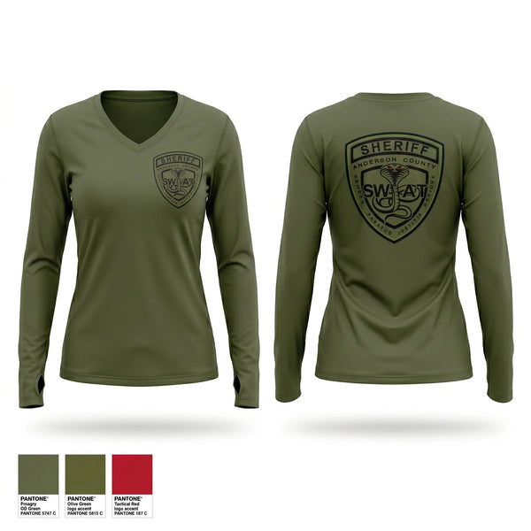 Womens Long Sleeve Vneck Shirt, Anderson County Swat, Police, Teamtime, Team time, sublimation, custom sports apparel, team uniforms, spirit wear, spiritwear, sports uniforms, custom shirts, team store, custom team store, fundraiser sports, apparel fundraiser