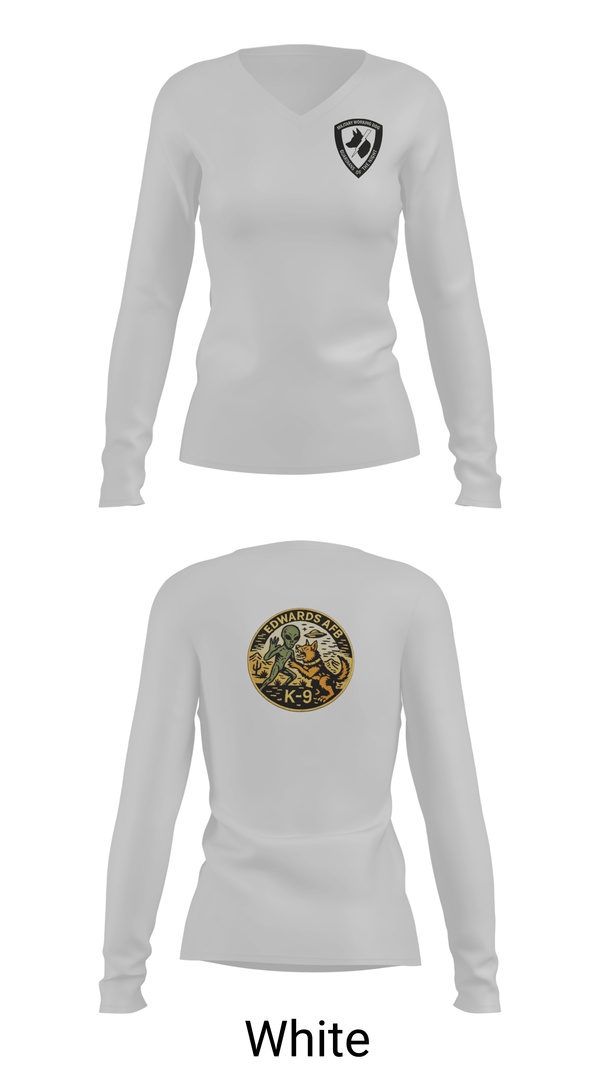 Womens Long Sleeve Vneck Shirt, 412th Military Working Dog, Air Force, Teamtime, Team time, sublimation, custom sports apparel, team uniforms, spirit wear, spiritwear, sports uniforms, custom shirts, team store, custom team store, fundraiser sports, apparel fundraiser