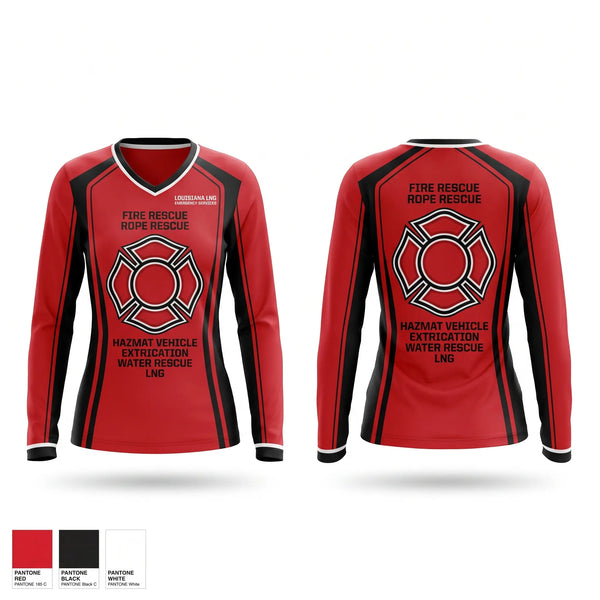 Womens Long Sleeve Vneck Shirt, LOUISIANA LNG EMERGENCY SERVICES, , Teamtime, Team time, sublimation, custom sports apparel, team uniforms, spirit wear, spiritwear, sports uniforms, custom shirts, team store, custom team store, fundraiser sports, apparel fundraiser