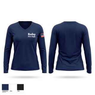 Womens Long Sleeve Vneck Shirt, Roby Fire Dept, Fire Department, Teamtime, Team time, sublimation, custom sports apparel, team uniforms, spirit wear, spiritwear, sports uniforms, custom shirts, team store, custom team store, fundraiser sports, apparel fundraiser