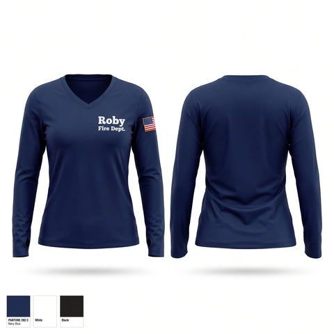Womens Long Sleeve Vneck Shirt, Roby Fire Dept, Fire Department, Teamtime, Team time, sublimation, custom sports apparel, team uniforms, spirit wear, spiritwear, sports uniforms, custom shirts, team store, custom team store, fundraiser sports, apparel fundraiser