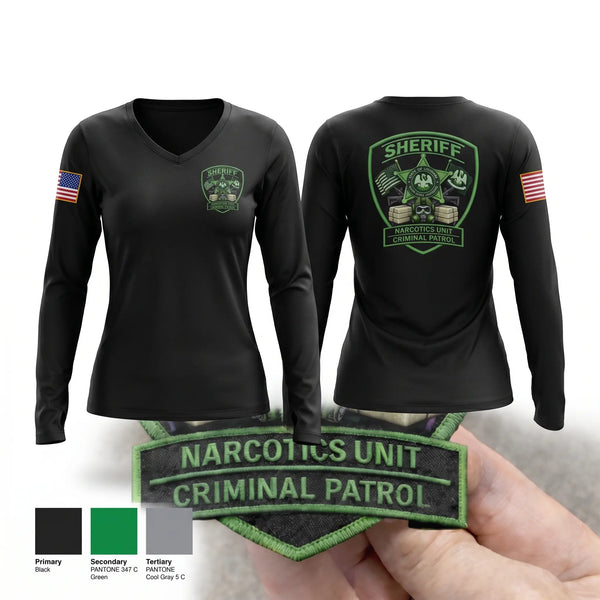 Womens Long Sleeve Vneck Shirt, CRIMINAL PATROL, Police, Teamtime, Team time, sublimation, custom sports apparel, team uniforms, spirit wear, spiritwear, sports uniforms, custom shirts, team store, custom team store, fundraiser sports, apparel fundraiser