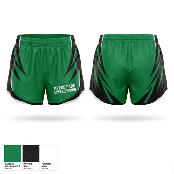 Womens Shorts, Myers Park Cheerleading, Cheer, Teamtime, Team time, sublimation, custom sports apparel, team uniforms, spirit wear, spiritwear, sports uniforms, custom shirts, team store, custom team store, fundraiser sports, apparel fundraiser