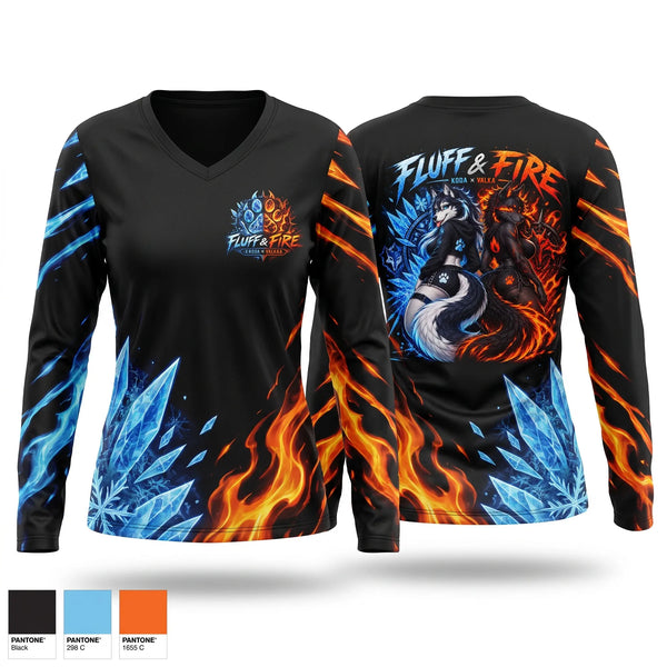 Womens Long Sleeve Vneck Shirt, Fluff and fire, E-Sports, Teamtime, Team time, sublimation, custom sports apparel, team uniforms, spirit wear, spiritwear, sports uniforms, custom shirts, team store, custom team store, fundraiser sports, apparel fundraiser