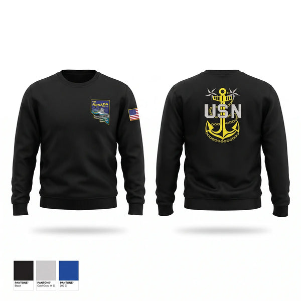 Crew Neck Sweatshirt, USS NEVADA Chief’s Mess, Navy, Teamtime, Team time, sublimation, custom sports apparel, team uniforms, spirit wear, spiritwear, sports uniforms, custom shirts, team store, custom team store, fundraiser sports, apparel fundraiser