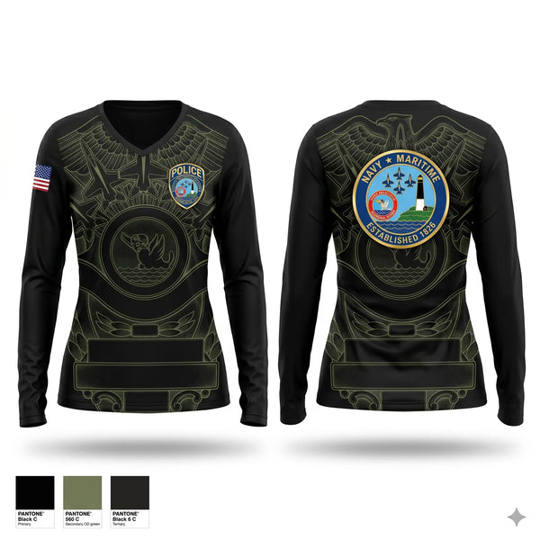 Womens Long Sleeve Vneck Shirt, NAS Pensacola Police / Security Forces, Navy, Teamtime, Team time, sublimation, custom sports apparel, team uniforms, spirit wear, spiritwear, sports uniforms, custom shirts, team store, custom team store, fundraiser sports, apparel fundraiser