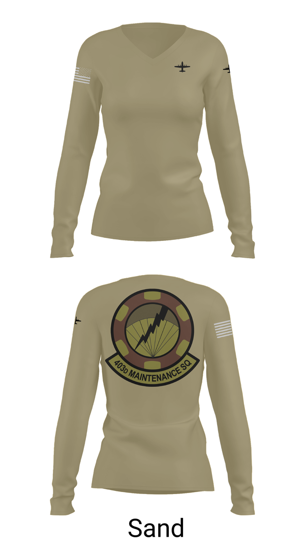 Womens Long Sleeve Vneck Shirt, 403 Maintenance Sqd, Air Force, Teamtime, Team time, sublimation, custom sports apparel, team uniforms, spirit wear, spiritwear, sports uniforms, custom shirts, team store, custom team store, fundraiser sports, apparel fundraiser