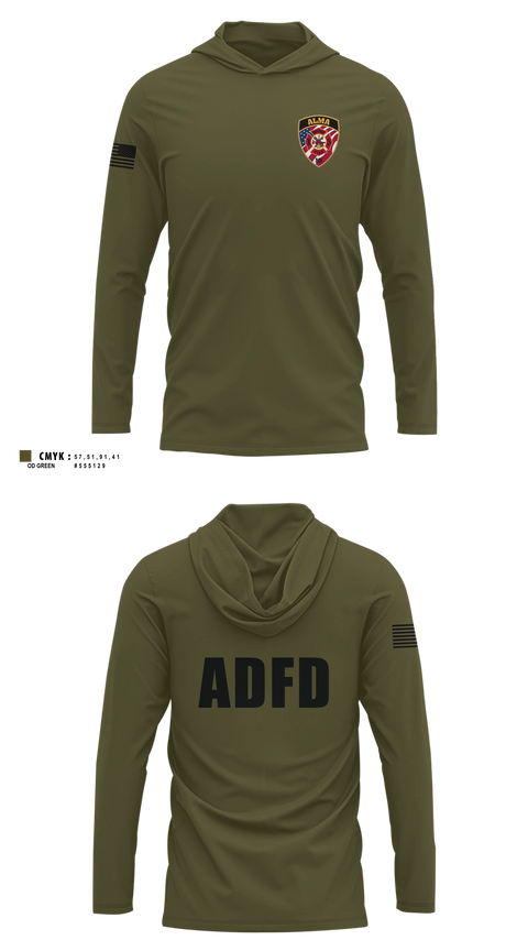 Long Sleeve hooded sunshirt, Alma District Fire Department, Fire Department, Teamtime, Team time, sublimation, custom sports apparel, team uniforms, spirit wear, spiritwear, sports uniforms, custom shirts, team store, custom team store, fundraiser sports, apparel fundraiser