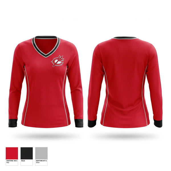 Womens Long Sleeve Vneck Shirt, Clinton Red Devils, Track & Field, Teamtime, Team time, sublimation, custom sports apparel, team uniforms, spirit wear, spiritwear, sports uniforms, custom shirts, team store, custom team store, fundraiser sports, apparel fundraiser