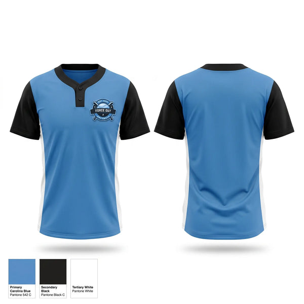 Two Button Softball Jersey, Force Out, Softball, Teamtime, Team time, sublimation, custom sports apparel, team uniforms, spirit wear, spiritwear, sports uniforms, custom shirts, team store, custom team store, fundraiser sports, apparel fundraiser
