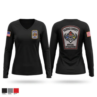 Womens Long Sleeve Vneck Shirt, Fairfax County Technical Rescue, Fire Department, Teamtime, Team time, sublimation, custom sports apparel, team uniforms, spirit wear, spiritwear, sports uniforms, custom shirts, team store, custom team store, fundraiser sports, apparel fundraiser
