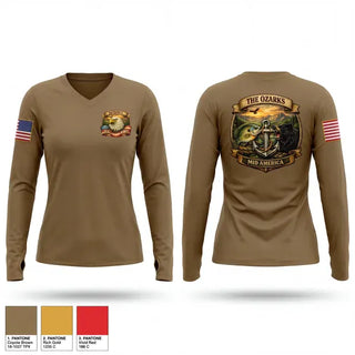 Womens Long Sleeve Vneck Shirt, Ozark Mid America, Navy, Teamtime, Team time, sublimation, custom sports apparel, team uniforms, spirit wear, spiritwear, sports uniforms, custom shirts, team store, custom team store, fundraiser sports, apparel fundraiser