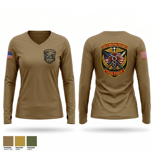 Womens Long Sleeve Vneck Shirt, 338th MED BDE, Army, Teamtime, Team time, sublimation, custom sports apparel, team uniforms, spirit wear, spiritwear, sports uniforms, custom shirts, team store, custom team store, fundraiser sports, apparel fundraiser