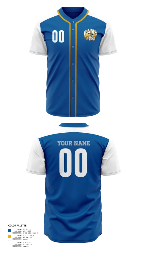Full Button Baseball Jersey, Brogden Rams, Baseball, Teamtime, Team time, sublimation, custom sports apparel, team uniforms, spirit wear, spiritwear, sports uniforms, custom shirts, team store, custom team store, fundraiser sports, apparel fundraiser