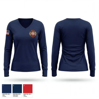 Womens Long Sleeve Vneck Shirt, Bloomfield Volunteer Fire Department, Fire Department, Teamtime, Team time, sublimation, custom sports apparel, team uniforms, spirit wear, spiritwear, sports uniforms, custom shirts, team store, custom team store, fundraiser sports, apparel fundraiser