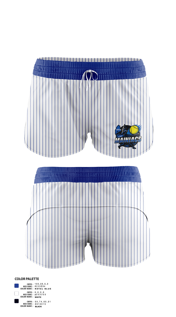 Womens Shorts, Capital Area Mainiacs, Softball, Teamtime, Team time, sublimation, custom sports apparel, team uniforms, spirit wear, spiritwear, sports uniforms, custom shirts, team store, custom team store, fundraiser sports, apparel fundraiser