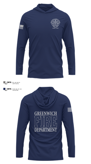 Long Sleeve Performance Shirt with hood, Greenwich Fire Local 1042, Fire Department, Teamtime, Team time, sublimation, custom sports apparel, team uniforms, spirit wear, spiritwear, sports uniforms, custom shirts, team store, custom team store, fundraiser sports, apparel fundraiser