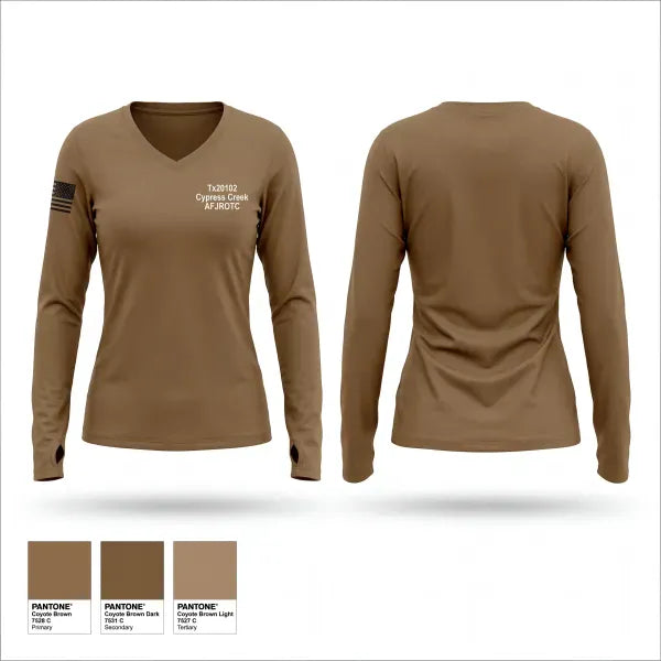 Womens Long Sleeve Vneck Shirt, Tx-20102 Cypress Creek AFJROTC, Air Force, Teamtime, Team time, sublimation, custom sports apparel, team uniforms, spirit wear, spiritwear, sports uniforms, custom shirts, team store, custom team store, fundraiser sports, apparel fundraiser