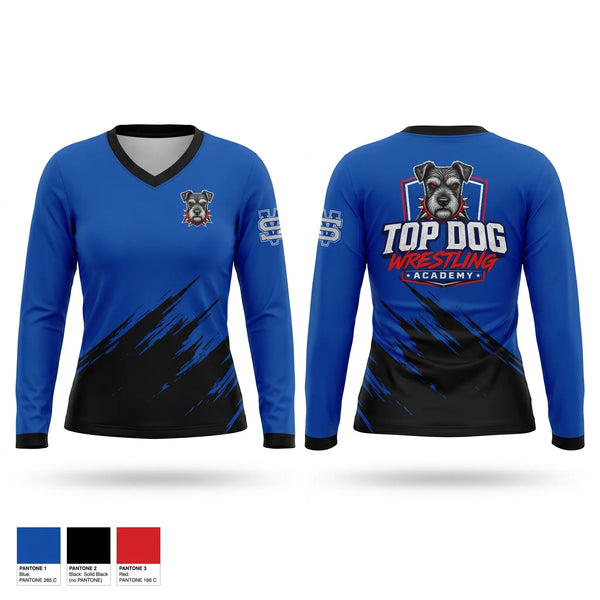 Womens Long Sleeve Vneck Shirt, Top Dog Wrestling Academy, Wrestling, Teamtime, Team time, sublimation, custom sports apparel, team uniforms, spirit wear, spiritwear, sports uniforms, custom shirts, team store, custom team store, fundraiser sports, apparel fundraiser
