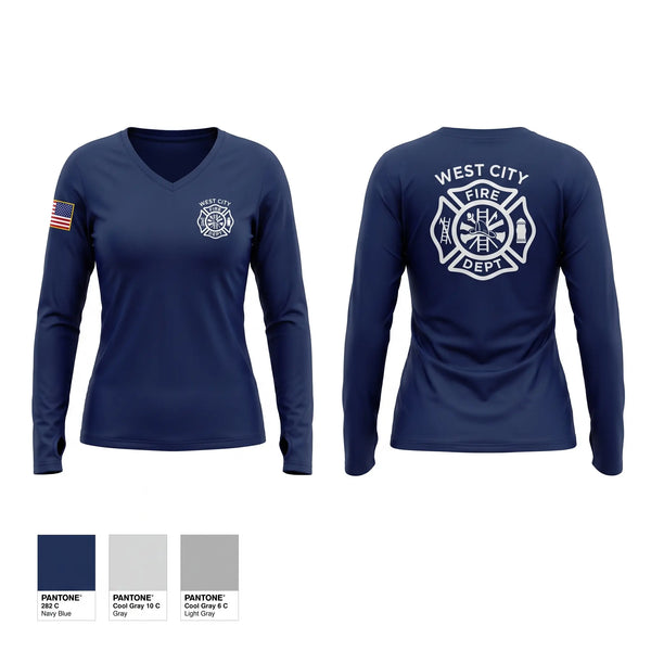 Womens Long Sleeve Vneck Shirt, West city fire, Fire Department, Teamtime, Team time, sublimation, custom sports apparel, team uniforms, spirit wear, spiritwear, sports uniforms, custom shirts, team store, custom team store, fundraiser sports, apparel fundraiser