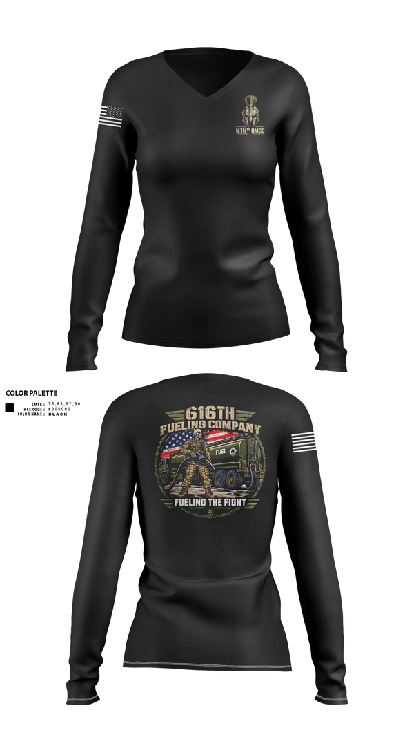 Womens Long Sleeve Vneck Shirt, 616th QM CO, Army, Teamtime, Team time, sublimation, custom sports apparel, team uniforms, spirit wear, spiritwear, sports uniforms, custom shirts, team store, custom team store, fundraiser sports, apparel fundraiser