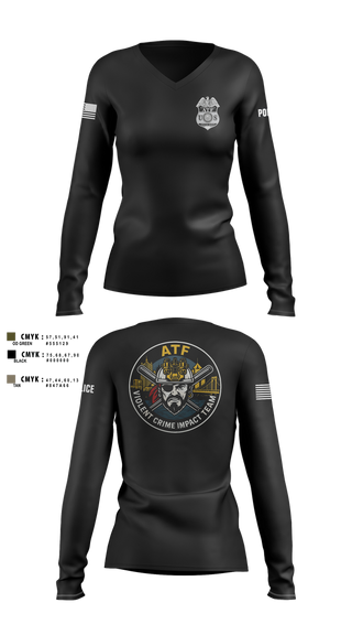 Womens Long Sleeve Vneck Shirt, ATF, Police, Teamtime, Team time, sublimation, custom sports apparel, team uniforms, spirit wear, spiritwear, sports uniforms, custom shirts, team store, custom team store, fundraiser sports, apparel fundraiser