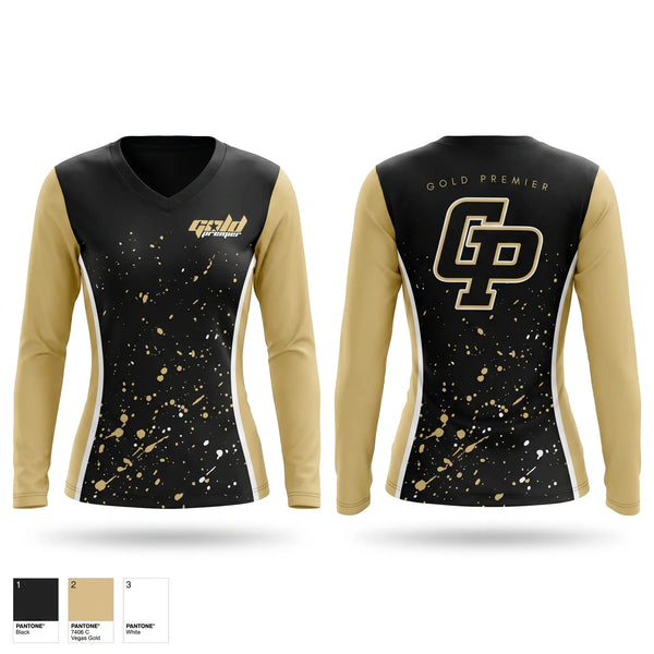Womens Long Sleeve Vneck Shirt, Gold Premier, Softball, Teamtime, Team time, sublimation, custom sports apparel, team uniforms, spirit wear, spiritwear, sports uniforms, custom shirts, team store, custom team store, fundraiser sports, apparel fundraiser