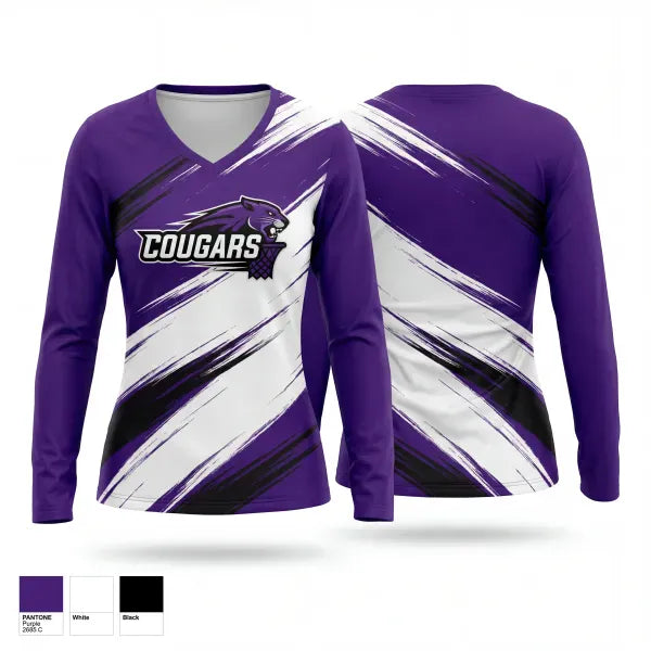 Womens Long Sleeve Vneck Shirt, Cougars, Men's Basketball, Teamtime, Team time, sublimation, custom sports apparel, team uniforms, spirit wear, spiritwear, sports uniforms, custom shirts, team store, custom team store, fundraiser sports, apparel fundraiser