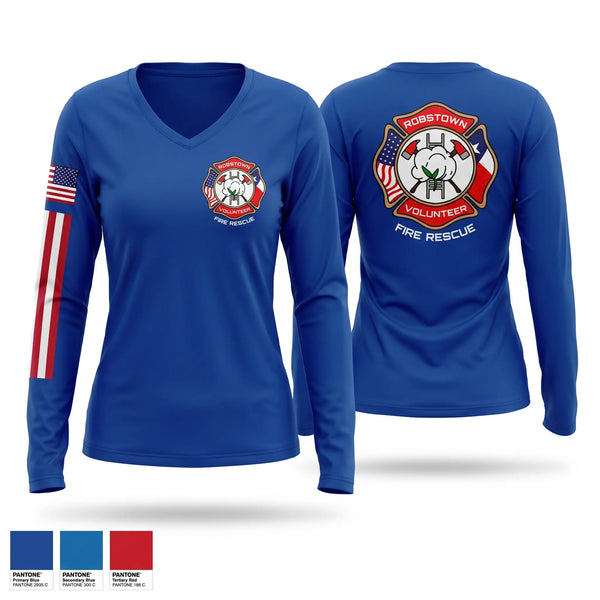 Womens Long Sleeve Vneck Shirt, Robstown Volunteer Fire Department, Fire Department, Teamtime, Team time, sublimation, custom sports apparel, team uniforms, spirit wear, spiritwear, sports uniforms, custom shirts, team store, custom team store, fundraiser sports, apparel fundraiser