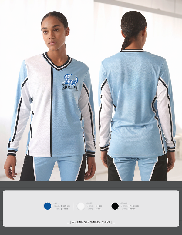 Womens Long Sleeve Vneck Shirt, Covington High School Cheer, Cheer, Teamtime, Team time, sublimation, custom sports apparel, team uniforms, spirit wear, spiritwear, sports uniforms, custom shirts, team store, custom team store, fundraiser sports, apparel fundraiser
