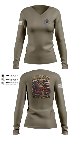Womens Long Sleeve Vneck Shirt, Lake City Fire Department, Fire Department, Teamtime, Team time, sublimation, custom sports apparel, team uniforms, spirit wear, spiritwear, sports uniforms, custom shirts, team store, custom team store, fundraiser sports, apparel fundraiser