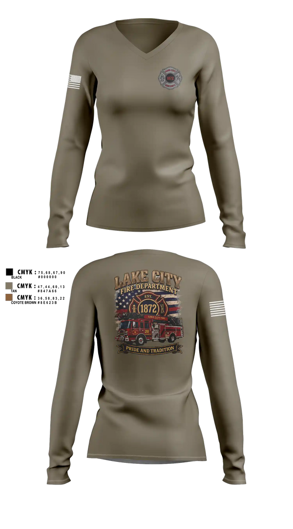 Womens Long Sleeve Vneck Shirt, Lake City Fire Department, Fire Department, Teamtime, Team time, sublimation, custom sports apparel, team uniforms, spirit wear, spiritwear, sports uniforms, custom shirts, team store, custom team store, fundraiser sports, apparel fundraiser