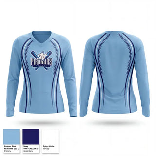 Womens Long Sleeve Vneck Shirt, Piranhas, Baseball, Teamtime, Team time, sublimation, custom sports apparel, team uniforms, spirit wear, spiritwear, sports uniforms, custom shirts, team store, custom team store, fundraiser sports, apparel fundraiser