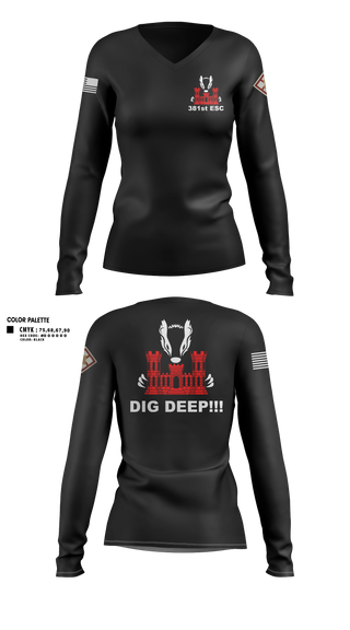 Womens Long Sleeve Vneck Shirt, 381 EN CO, Army, Teamtime, Team time, sublimation, custom sports apparel, team uniforms, spirit wear, spiritwear, sports uniforms, custom shirts, team store, custom team store, fundraiser sports, apparel fundraiser
