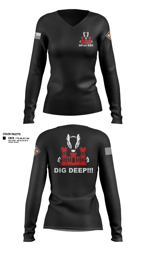 Womens Long Sleeve Vneck Shirt, 381 EN CO, Army, Teamtime, Team time, sublimation, custom sports apparel, team uniforms, spirit wear, spiritwear, sports uniforms, custom shirts, team store, custom team store, fundraiser sports, apparel fundraiser